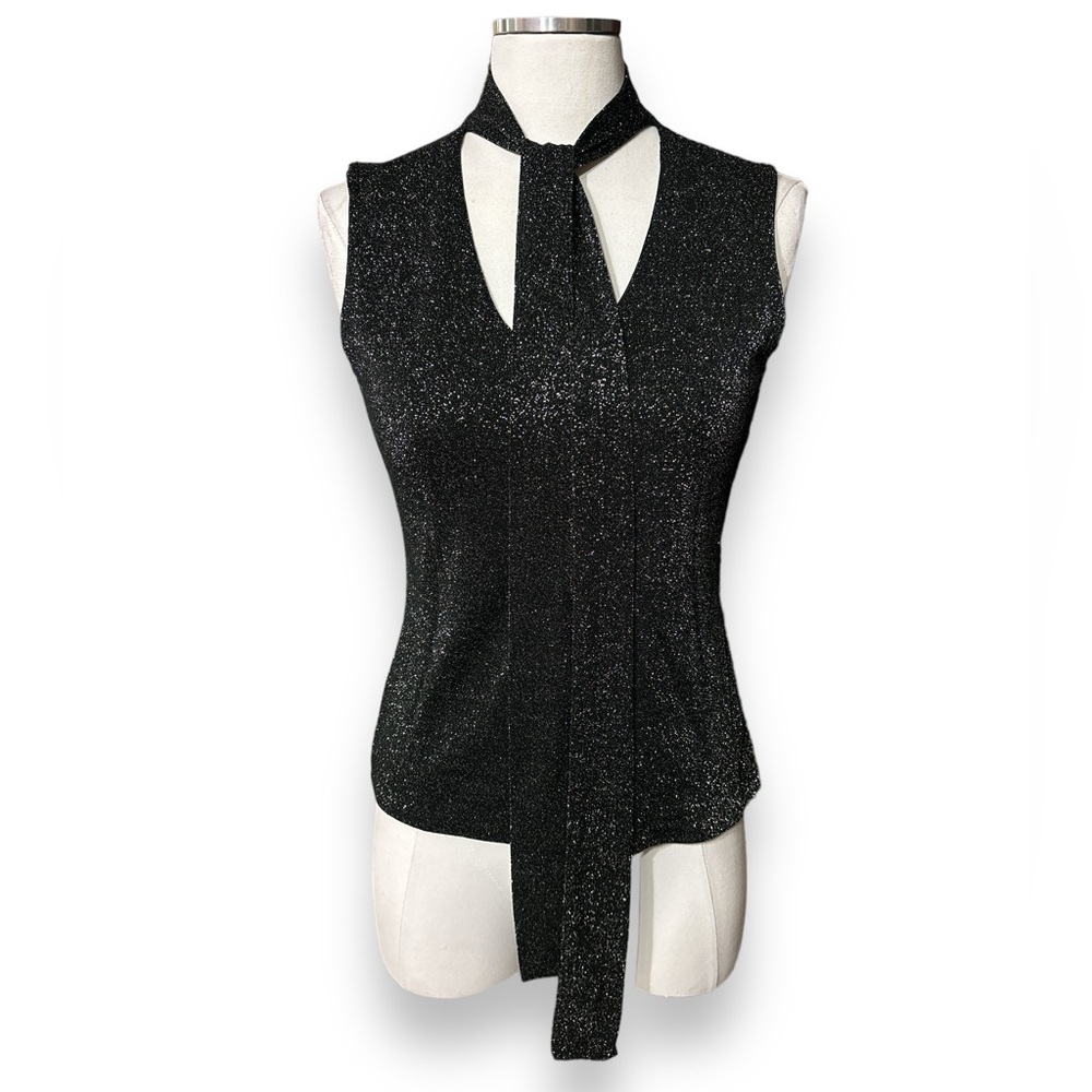 THE LIMITED Metallic V Neck Knit Tie Neck Top
